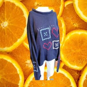 Coldwater Creek Navy Blue Cotton Knit Sweater Hearts Squares Applique XL